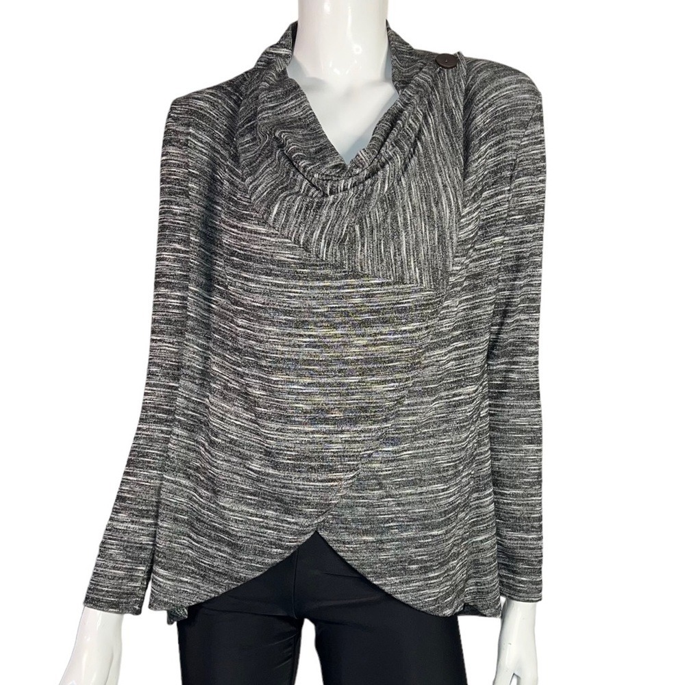 Bobeau Striped Long Sleeve Grey and Black Wrap Blouse